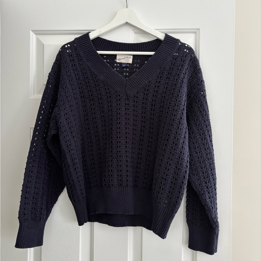 Woven V-Neck Knit Sweater - navy blue